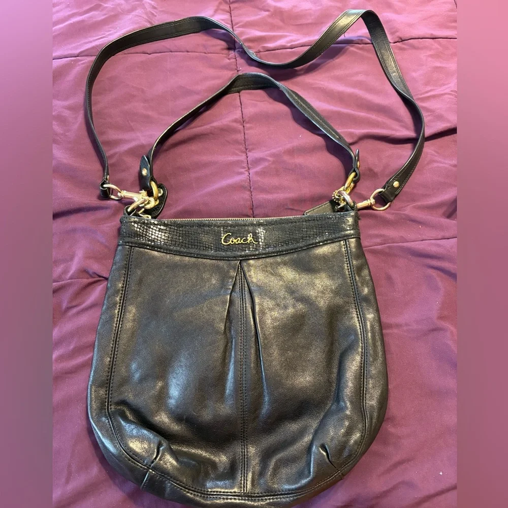 Coach Black Leather Shoulder Bag with Gold Accents